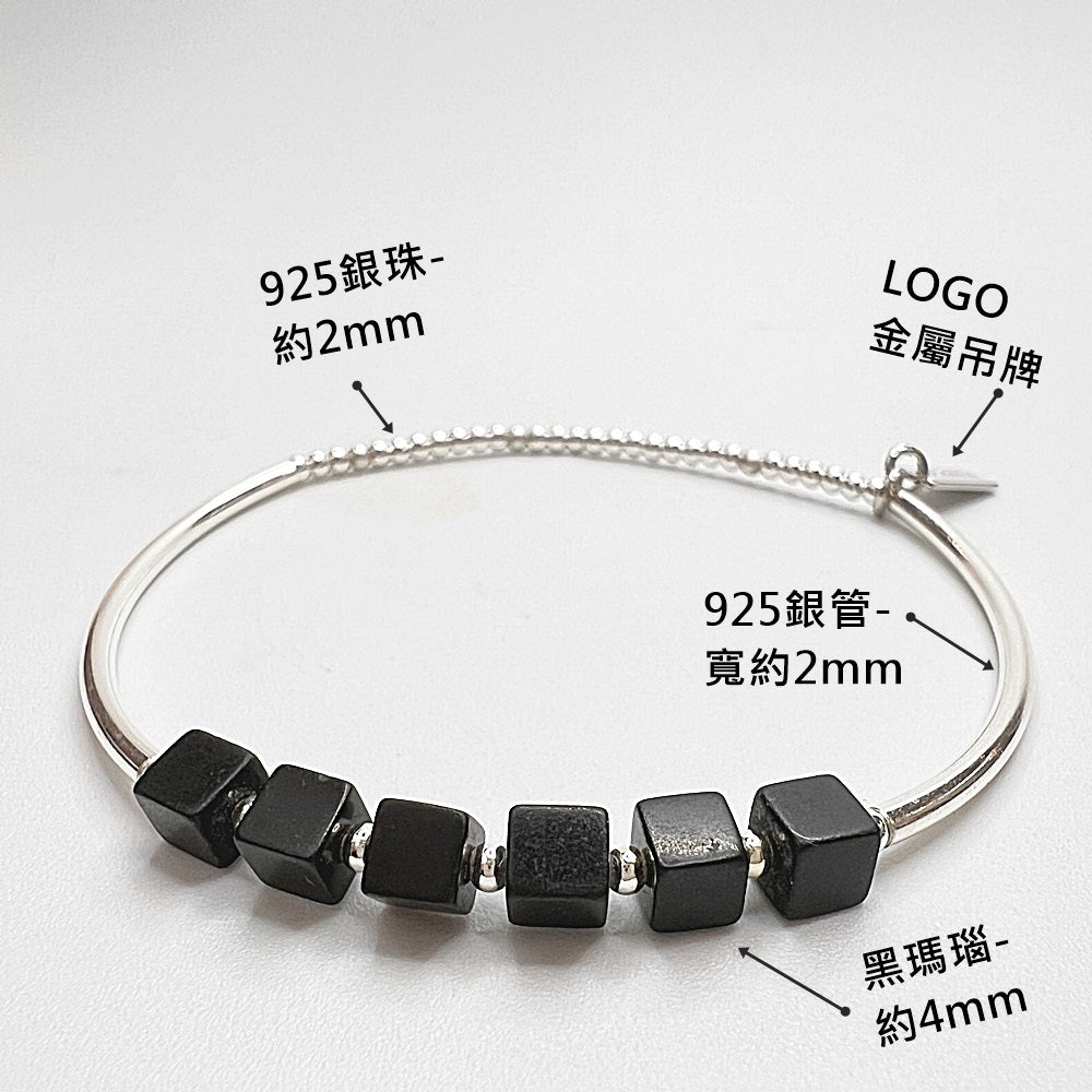 925銀珠x銀管x天然石手串-黑瑪瑙-青金石-紫水晶-水晶純銀手環手鍊手串-彈性手圍-15-17cm-寬約4mm