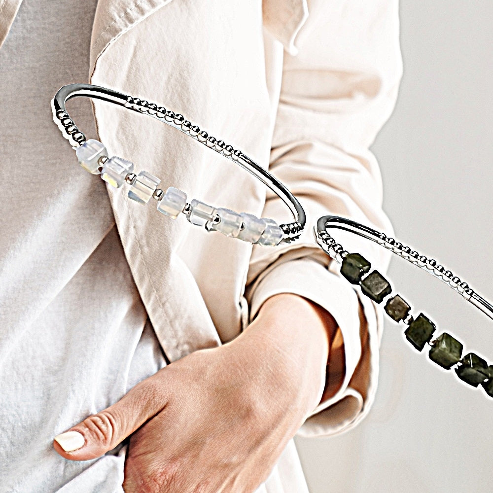 925 silver beads and silver tube x natural stone bracelet - olive jade - opal - crystal - sterling silver bracelet bracelet - elastic wrist circumference - 15-17cm - width about 4mm