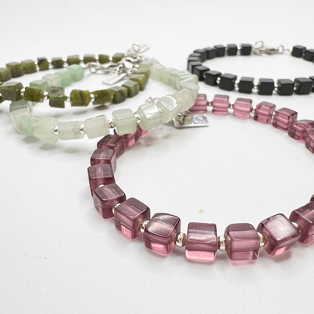 925 silver beads x natural stone bracelet - black agate - violet - aventurine - olive jade - crystal - sterling silver bracelet - metal pendant extension chain - width about 4mm - wrist circumference 15-20cm