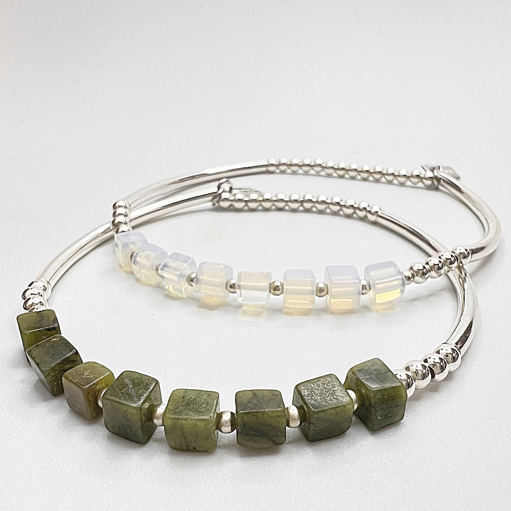 925 silver beads and silver tube x natural stone bracelet - olive jade - opal - crystal - sterling silver bracelet bracelet - elastic wrist circumference - 15-17cm - width about 4mm