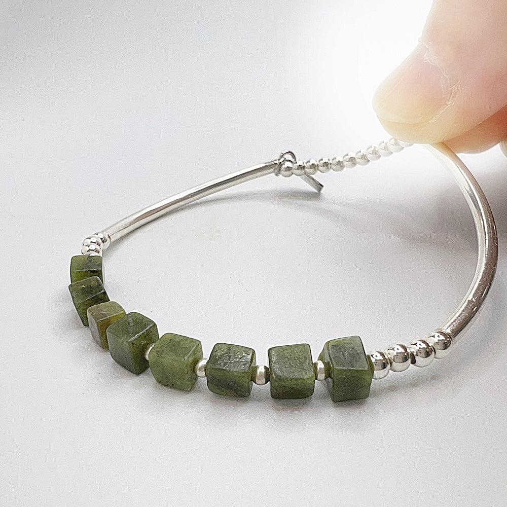 925 silver beads and silver tube x natural stone bracelet - olive jade - opal - crystal - sterling silver bracelet bracelet - elastic wrist circumference - 15-17cm - width about 4mm