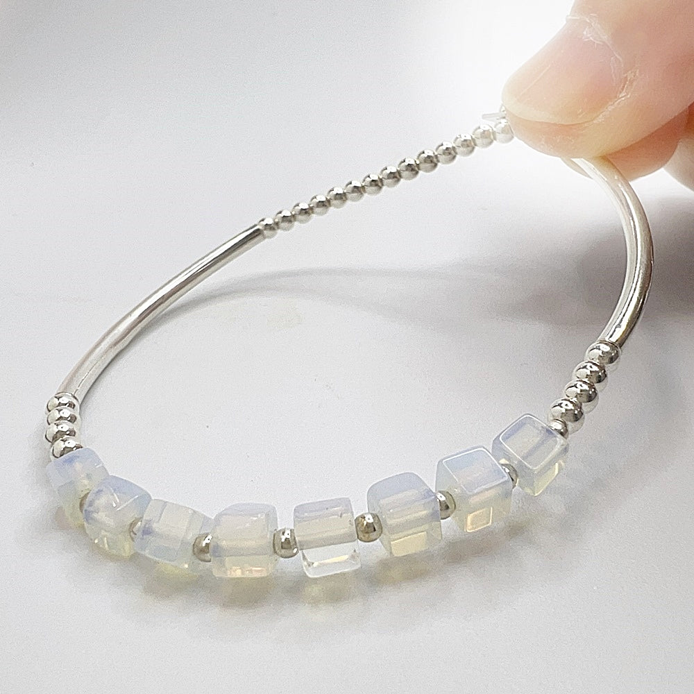 925 silver beads and silver tube x natural stone bracelet - olive jade - opal - crystal - sterling silver bracelet bracelet - elastic wrist circumference - 15-17cm - width about 4mm