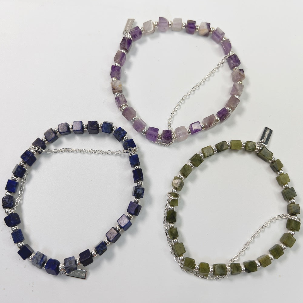 925 silver beads x silver chain x natural stone bracelet - olive jade - lapis lazuli - amethyst - crystal - sterling silver bracelet bracelet - elastic wrist circumference - 15-17cm - width about 4mm
