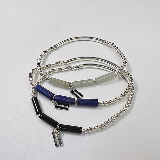 925銀珠x銀管x天然石手串-東菱玉-青金石-黑瑪瑙-水晶-純銀手環手鍊手串-彈性手圍-15-17cm-寬約4mm