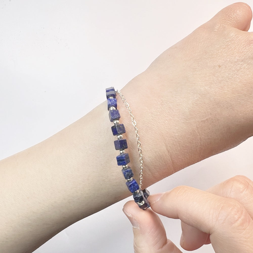 925 silver beads x silver chain x natural stone bracelet - olive jade - lapis lazuli - amethyst - crystal - sterling silver bracelet bracelet - elastic wrist circumference - 15-17cm - width about 4mm